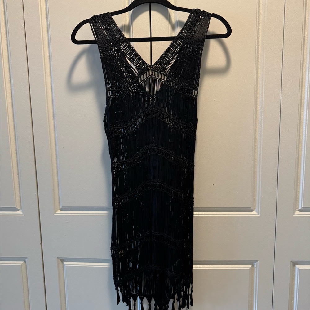 Boston Proper Black Fringe Crochet Swimsuit Coverup